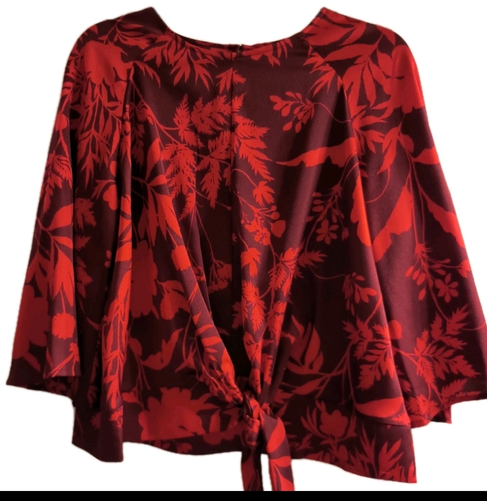 Liz Claiborne Career M Blouse Red Burgundy Floral Tie Front Wide Sleeve Top